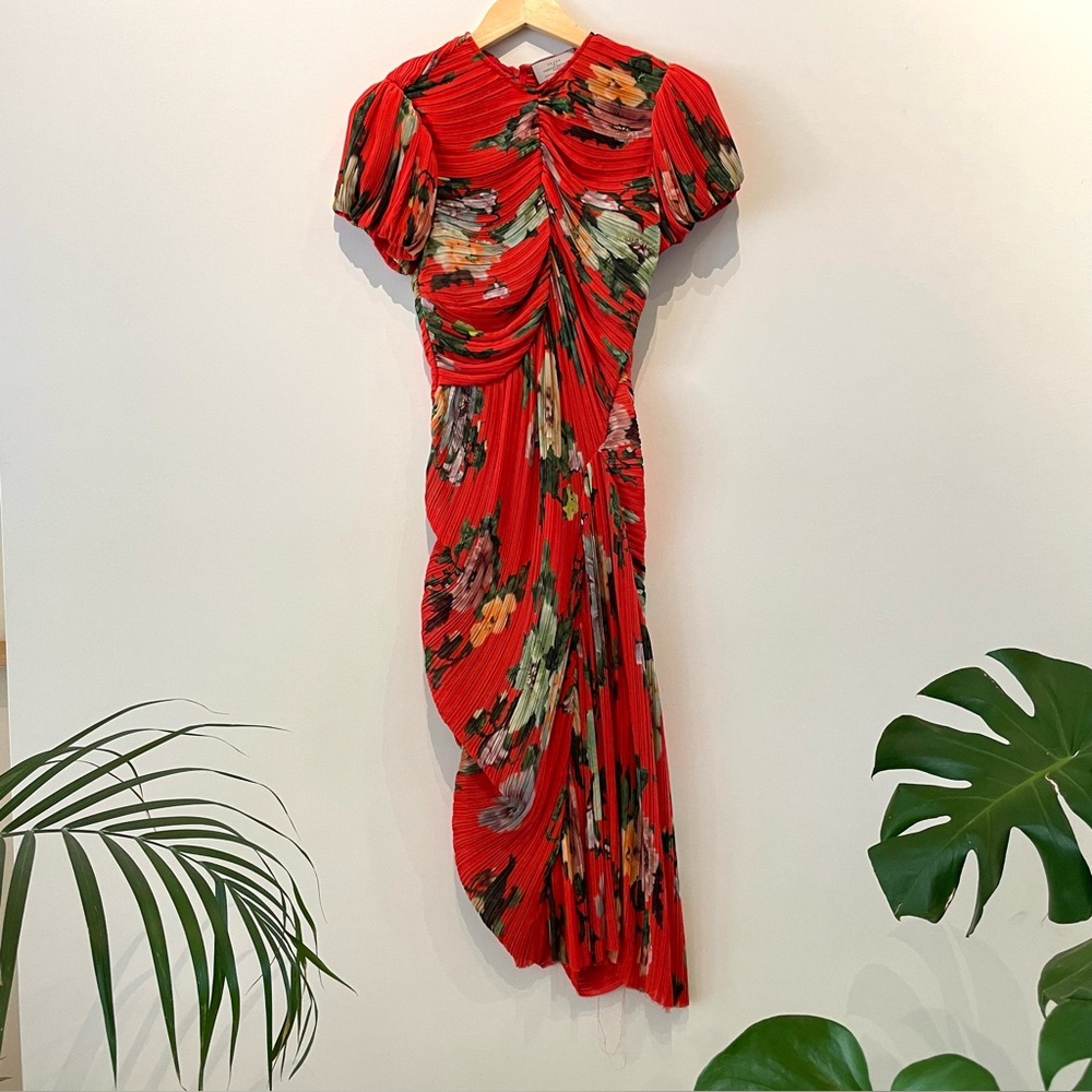 Preen by Thornton Bregazzi Floral Ruched Red Midi Dress with Puff Sleeves NWOT